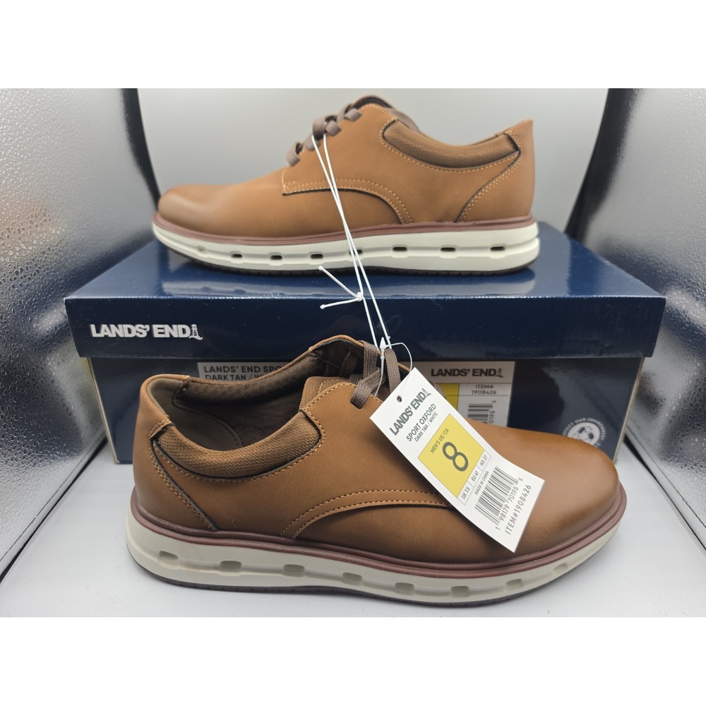 Lands End Sport Oxford Mens Shoes Dark Tan White Size 8 New NIB 1908426